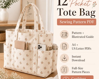 12 Pocket Tote Bag Sewing Pattern, Beginner Organizer Shopper (Digital Download)