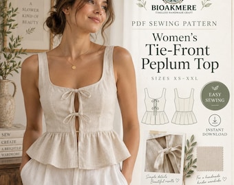 Patrón de costura para blusa peplum con lazo frontal para mujer, PDF fácil para principiantes (XS-XXL)