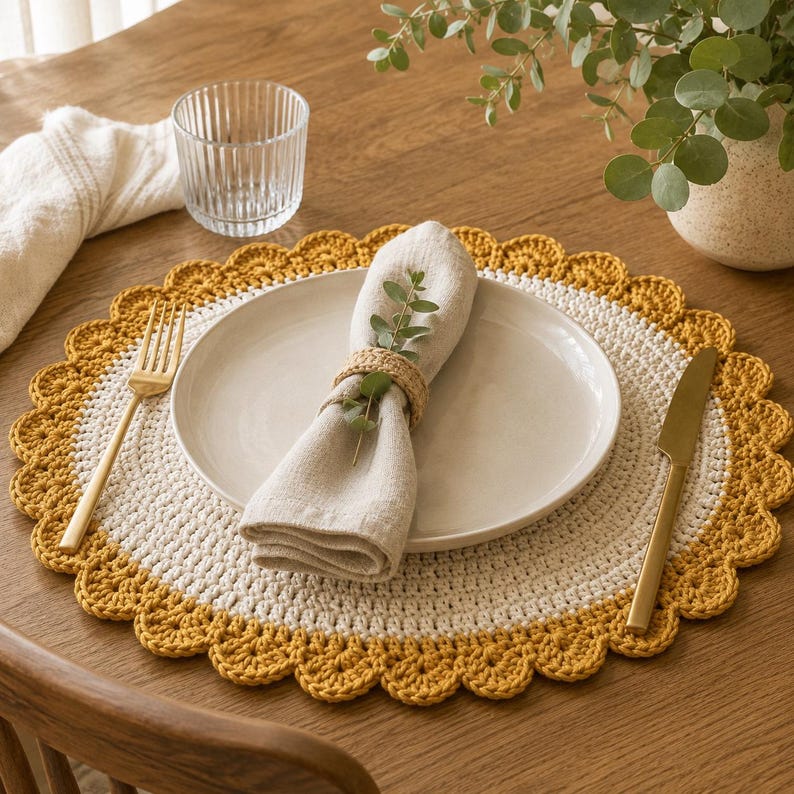 May include: A round crochet placemat featuring a white center and a mustard yellow scalloped border. A beige linen napkin is folded on a white ceramic plate, secured with a woven napkin ring and a small sprig of greenery. A gold fork and knife sit on the placemat.