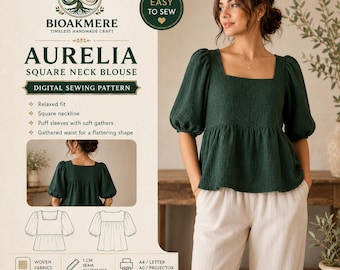 Square Neck Blouse Sewing Pattern PDF, Puff Sleeve Peplum Top, XXS–5XL