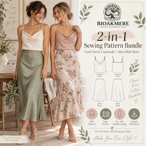 May include: A 2-in-1 sewing pattern bundle for a cowl neck camisole and bias midi skirt by Bioakmere. The image displays two outfits: a cream camisole with a sage green skirt, and a dusty rose camisole with a floral print skirt, plus technical line drawings.