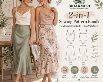 Cowl Neck Camisole + Bias Midi Skirt Sewing Pattern Bundle, Women’s PDF Pattern XS-XXL