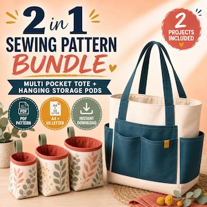 Könnte beinhalten: Ein 2-in-1-Schnittmuster-Set für eine Tasche mit mehreren Fächern und hängende Aufbewahrungskörbe. Der digitale Download enthält PDF-Schnittmuster in A4 und US Letter. Die Tasche ist cremefarben mit dunkelblauen Taschen und die Körbe haben Blattmuster.