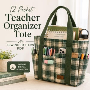 May include: A green and cream plaid tote bag with 12 exterior pockets, featuring dark green fabric handles. The bag is filled with pens, a smartphone, and a notebook labeled Lesson Plans. Text reads 12 Pocket Teacher Organizer Tote.