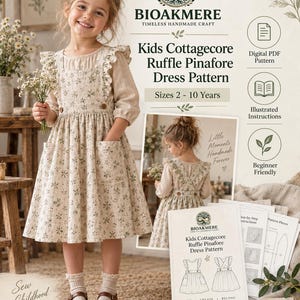 Peut inclure: Un patron de couture numérique PDF pour une robe chasuble à volants pour enfants par Bioakmere. Le patron inclut des instructions illustrées pour les tailles 2 à 10 ans. La couverture montre un enfant portant la robe à motif floral beige.