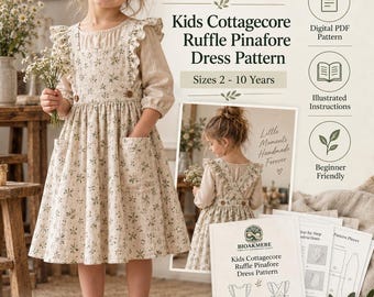Patrón de vestido peto infantil estilo cottagecore con volantes en la espalda (Tallas 2-10)