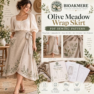May include: A beige wrap skirt featuring an embroidered floral pattern along the hem and pocket. The product is a PDF sewing pattern titled Olive Meadow Wrap Skirt by Bioakmere, including instructions for sizes XS-5XL, A4, US Letter, A0, and projector.