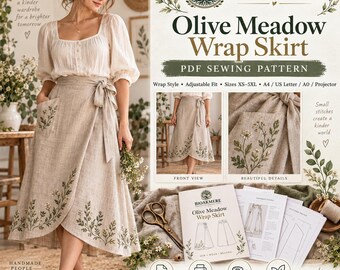 Wrap Skirt Sewing Pattern PDF, Adjustable Midi Skirt, Women XS–5XL, A0 + Projector