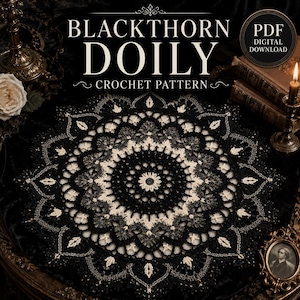 May include: A circular crochet doily featuring a complex, radial pattern in black and cream yarn. The design includes intricate lace-like stitching with pointed, leaf-shaped motifs radiating from the center. Text reads BLACKTHORN DOILY CROCHET PATTERN.
