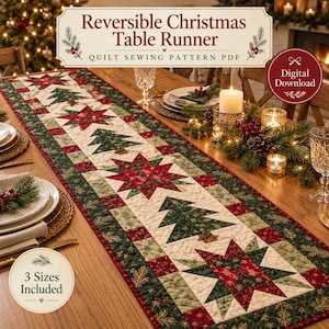 Christmas Table Runner Quilt Pattern PDF, Reversible Star and Tree, 3 Sizes