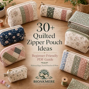 May include: A collection of quilted zipper pouches in various floral and geometric patterns, arranged around the text 30+ Quilted Zipper Pouch Ideas, Beginner-Friendly PDF Guide, and the Bioakmere logo on a wooden surface.