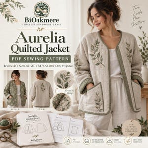 Op de afbeelding: Een beige doorgestikt jack met groene bies en geborduurde bladmotieven op de voorzijde en mouwen. Het jack heeft een V-hals, lange mouwen en twee grote opgestikte zakken. De tekst luidt Aurelia Quilted Jacket PDF Sewing Pattern.