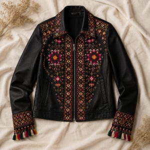 May include: A black jacket featuring a full-length front zipper, a pointed collar, and long sleeves. The garment is decorated with intricate, colorful geometric embroidery in shades of pink, orange, and green, finished with dangling tassels at the cuffs.
