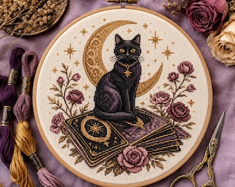 Patrón de punto de cruz del Tarot del Gato Gótico: Bordado de fantasía de bruja lunar (PDF)