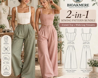 Corset Top + Wide Leg Trousers Sewing Pattern Bundle, Women’s PDF Pattern, XS-XXL