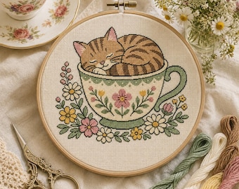 Patrón de punto de cruz de taza de té con gato estilo cottagecore: Bordado de jardín floral (PDF)