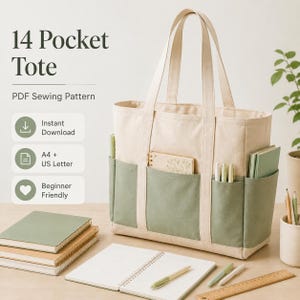 May include: A 14 pocket tote bag sewing pattern featuring a cream and sage green canvas design. The text reads 14 Pocket Tote, PDF Sewing Pattern, Instant Download, A4 + US Letter, and Beginner Friendly. The tote has multiple exterior pockets.