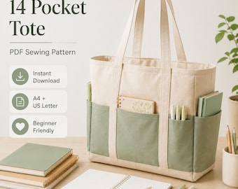 Patrón de costura para bolso tote, bolso tote organizador de 14 bolsillos (descarga en PDF) - patrón de costura
