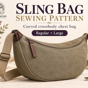 Pode incluir: Uma bolsa transversal de lona verde sálvia com formato curvo, zíper superior e alça bege ajustável. O texto diz: SLING BAG SEWING PATTERN, Curved crossbody chest bag, Regular + Large, BIOAKMERE TIMELESS HANDMADE CRAFT.