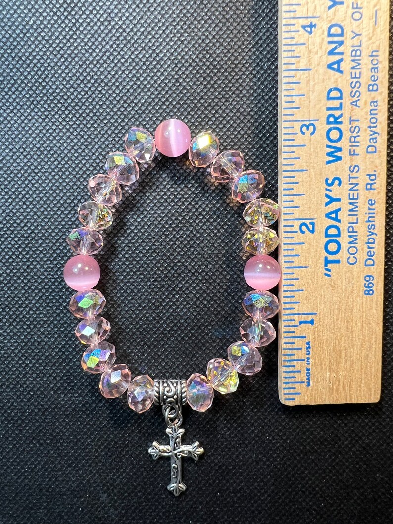 Cross Pink Glass Beads Stretch Bracelet A Sister Is Gods Way Of Making Sure We image 2