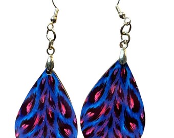 Pink And Blue Leopard Print Teardrop Dangle Pierced Earrings New