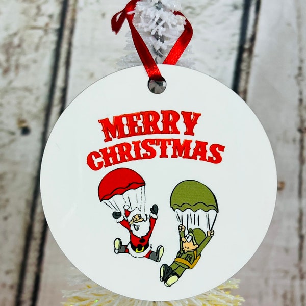 Parachuting Santa Claus Soldier Military Round Christmas Ornament
