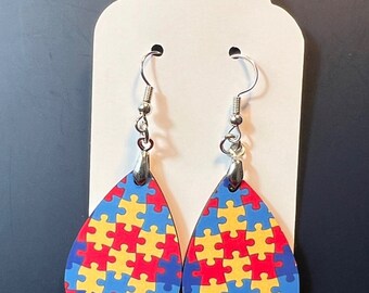 Autism Puzzle Pieces Teardrop Dangle Pierced Earrings New