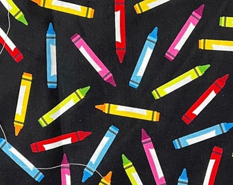 Colorful Crayons On Black Background Cotton Fabric Scrap