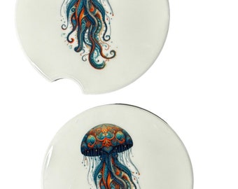 Paisley Jellyfish Ceramic Sandstone Car Coasters Set Of 2 New