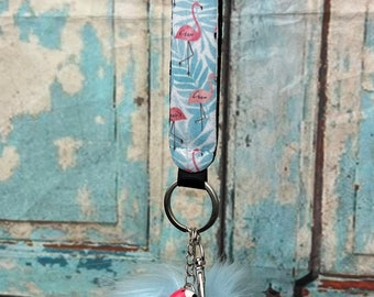 Flamingo Pink And Blue Wristlet Keychain With Pom Pom And Charm