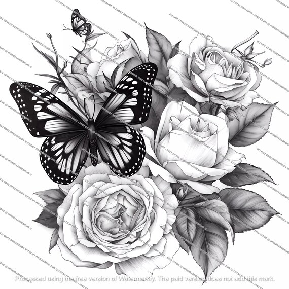 Butterfly & Roses Tattoo Enchanting Floral Design - Etsy