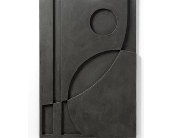Schwarzes Reliefbild 3D-Flachrelief-Geometrie-Abstraktion 100x67,8 cm | Holzbild mit schwarzer Strukturfarbe überzogen | Wanddekoration