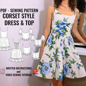 Puede incluir: Se muestra un vestido blanco con un estampado floral azul. El vestido tiene un escote cuadrado y un dobladillo con volantes. La imagen también incluye dibujos lineales de vestidos y tops estilo corsé. El texto de la imagen dice "PDF - PATRÓN DE COSTURA ESTILO CORSET VESTIDO & TOP" y "INSTRUCCIONES ESCRITAS y TUTORIAL DE COSTURA EN VÍDEO".