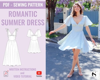 May include: A sewing pattern for a romantic summer dress with a V-neckline, short sleeves, and a flowing skirt. The pattern includes written instructions and a video tutorial.