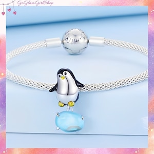 S925 かわいいペンギンオンザアイスチャーム、パンドラチャームブレスレット用、女の子への誕生日や冬のホリデーギフト、かわいい野生動物シルバージュエリー