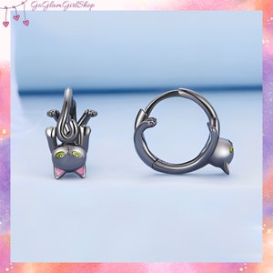 S925 ブラックキャットフープイヤリング、かわいい子猫耳バックル、猫の飼い主へのギフト、ペット愛好家へのプレゼント、猫ママへのギフト、ハロウィンジュエリー、ブラックキャットフープ