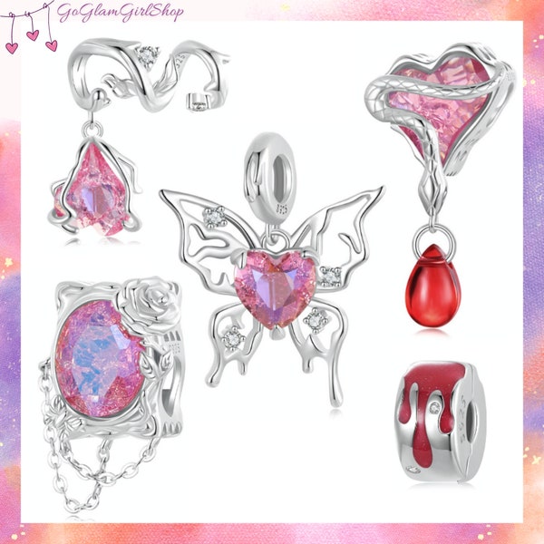 S925 Enchanting Sleeping Beauty Fairy Tale Charms for pandora bracelet: Sterling Silver gifts - Red Hearts, Briar Roses, Butterflies, Snakes