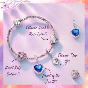 Ocean Love Charms compatibel met Pandora-armband – S925 Royal Blue Heart, Titanic Ship, Jack & Rose Heart, ankerhangerkraal