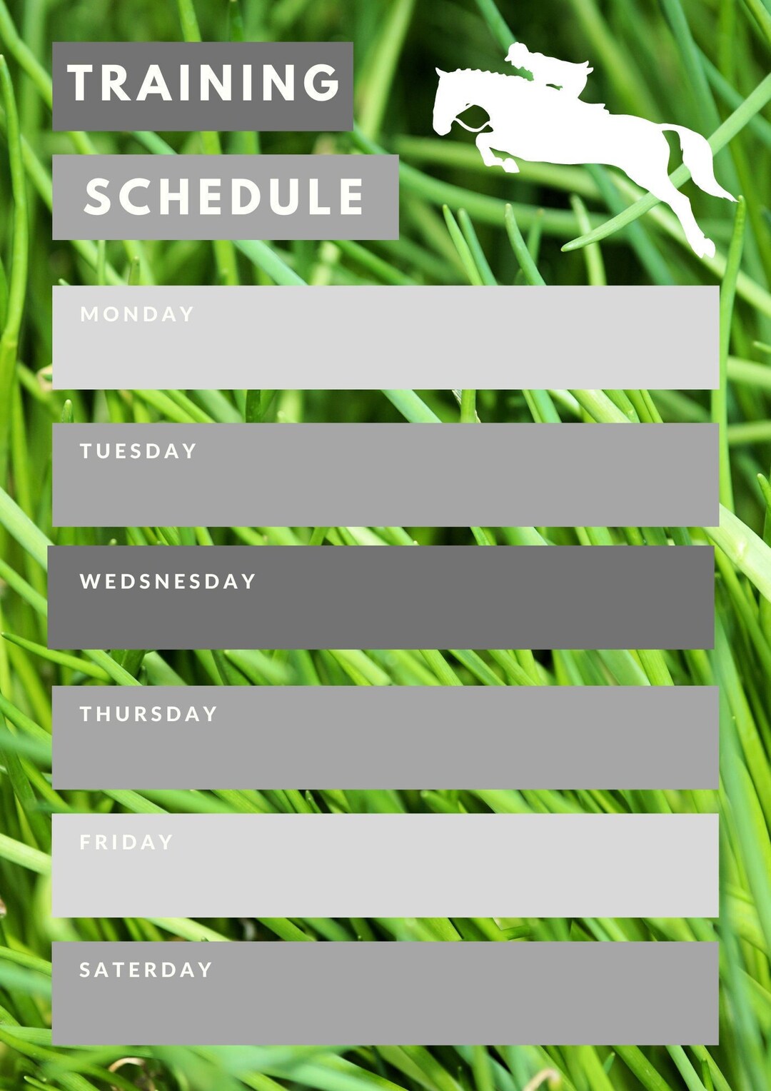 Training Schedule Horse Week Planner Horse Etsy