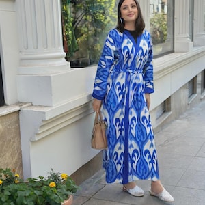 Uzbek ikat chapan,handmade coat,cotton ikat dress,boho kaftan,ethnic ikat abaya,tribal ikat robe,ikat jacket,ikat dresses,kimona dress