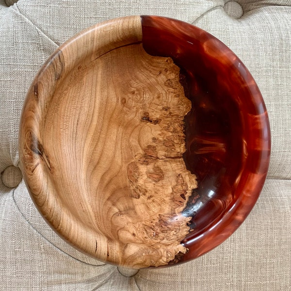 Handcrafted Lathe turned Gorgeous Shimmery Copper Epoxy and Solid Cherry Burl Bowl with Artisan Insignia