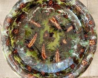 Bespoke Wood Artistry Custom Extra Large Lathe Turned Green Epoxy and Pinecone Bowl with & Artisan Insignia