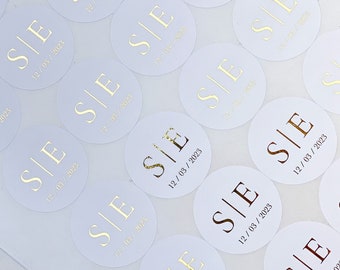 Round Personalized Stickers-White for Wedding or Engagement with initials in an elegant, minimal style| High quality paper stickers