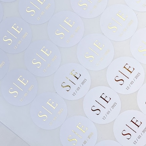 Round Personalized Stickers-White for Wedding or Engagement with initials in an elegant, minimal style| High quality paper stickers