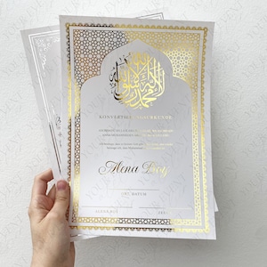 Edle Islamische Konvertierungsurkunde mit Gold/Silber Folieneffekt und islamischen Ornamenten/Bordüre am Rand