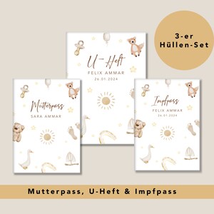 3er Hüllen-Set: Personalisierbare U-Heft Hülle, Impfpasshülle und Mutterpasshülle im beige/braunen Boho-Stil mit Teddybären und süßen Motive