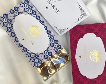 Envoltorios de chocolate Eid Mubarak imprimibles: bandas para atar alrededor del cuello y regalar con un patrón oriental