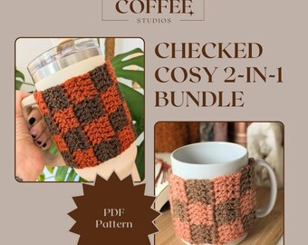Checked Mug and Water Bottle Cosy Crochet Pattern Bundle (PDF Pattern)