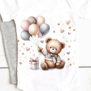 Ours en peluche aquarelle avec des ballons des cliparts, cadeau PNG numérique pour baby shower, T-shirt DTG, sublimation de carte de voeux & oeuvre de scrapbooking