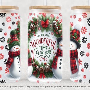It's the most wonderful time of the year 16 Oz Libbey Glass Can Wrap Sublimation Design, Christmas Snowman Glass Can Wrap PNG Download Only